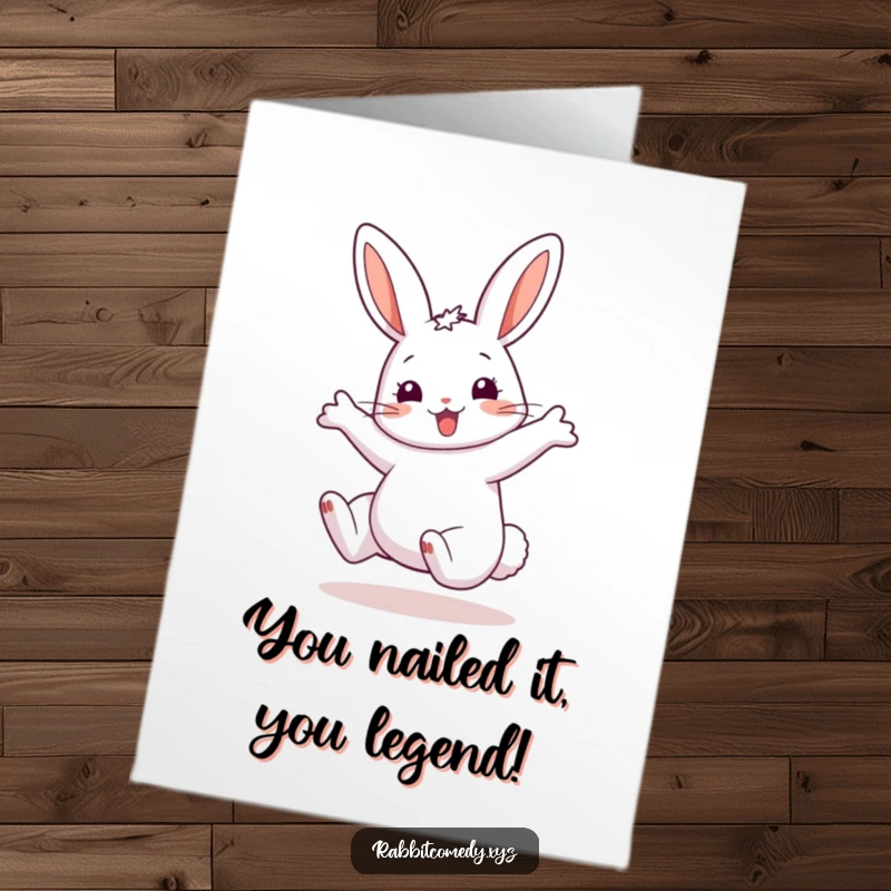 Funny Free Printable Congrats Card: Joyful rabbit cartwheeling with excitement to congratulate someone's success.