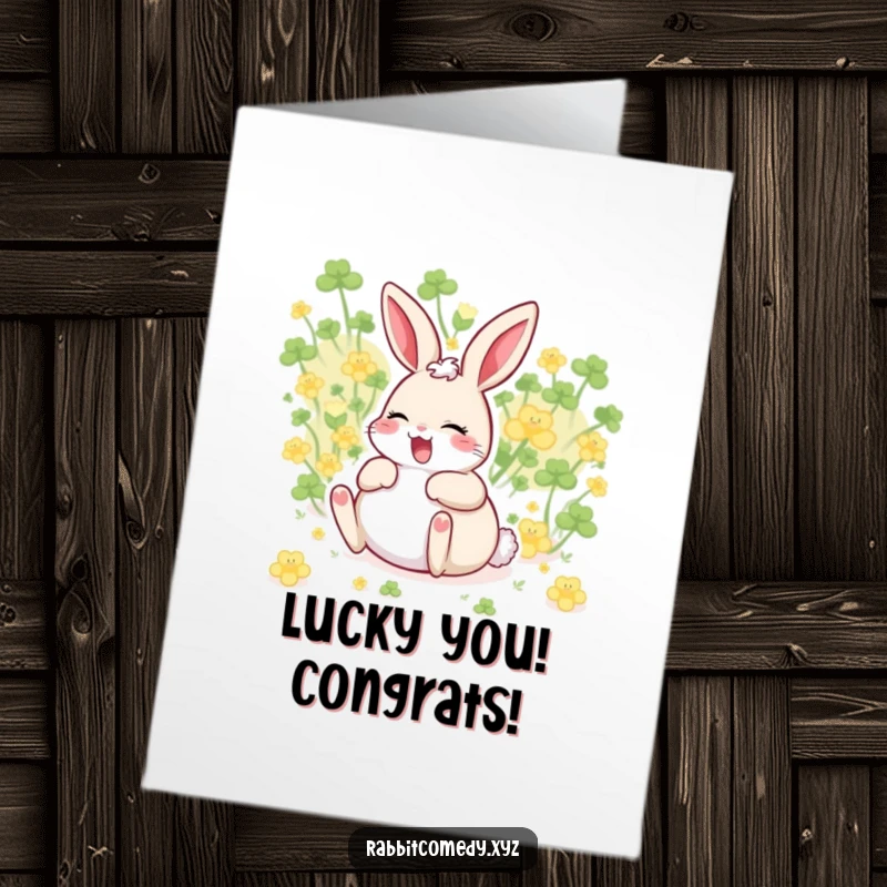 Free Printable Congratulations Card: a giggling rabbit rolling with joy amongst clover, embodying pure celebratory fun.