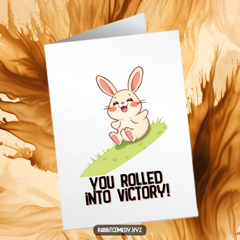 Funny Free Printable Congratulations Card: Giggling rabbit tumbles downhill with a look of pure surprise, downloadable delight.