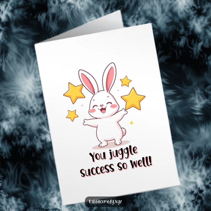 Funny Free Printable Congrats Card: A cheerful rabbit artistically juggles three enormous, sparkling stars in celebration.