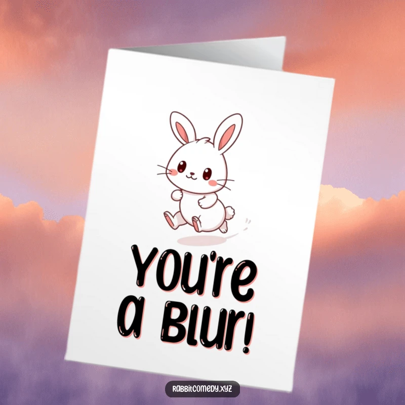 Funny Free Printable Congratulations Card: A Kawaii rabbit character dashing with speed, dust trail behind.