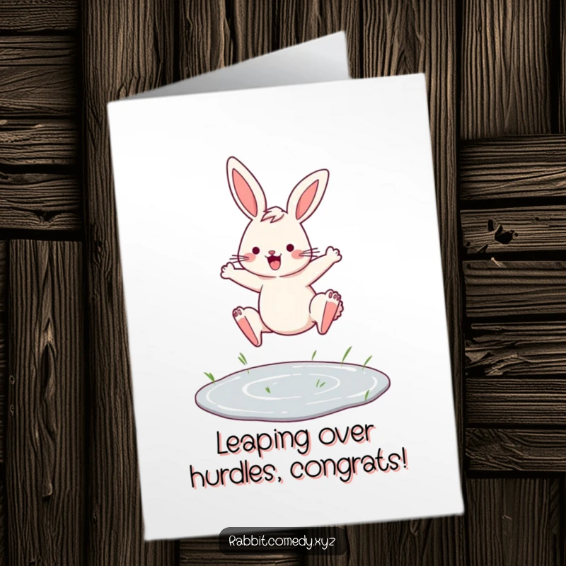 Funny Free Printable Congrats Card: Determined rabbit executing a stylish leap over a small puddle.