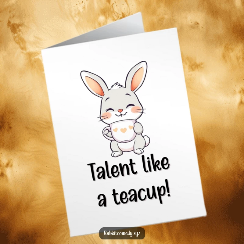 Funny Free Printable Congratulations Card: A smiling rabbit character balancing a teacup on its nose.
