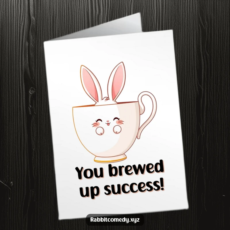 Funny Free Printable Congratulations Card: Bashfully smiling shy rabbit peeks from behind a huge teacup, sweet downloadable art.