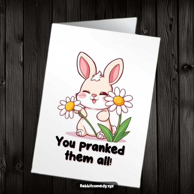 Funny Free Printable Congrats Card: Mischievous rabbit winks while hiding behind a cheerful, laughing daisy.