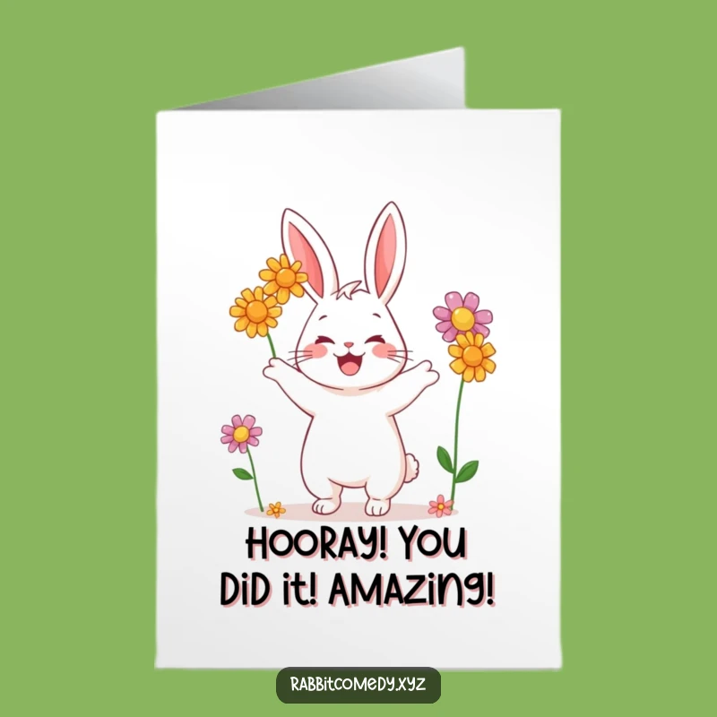 Free Printable Congratulations Card: Joyful Rabbit Juggling Flowers, Unique Downloadable
