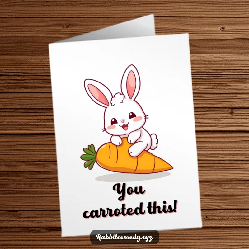 Funny Free Printable Congratulations Card with a kawaii rabbit hopping over a giant carrot, celebrating success with joy.