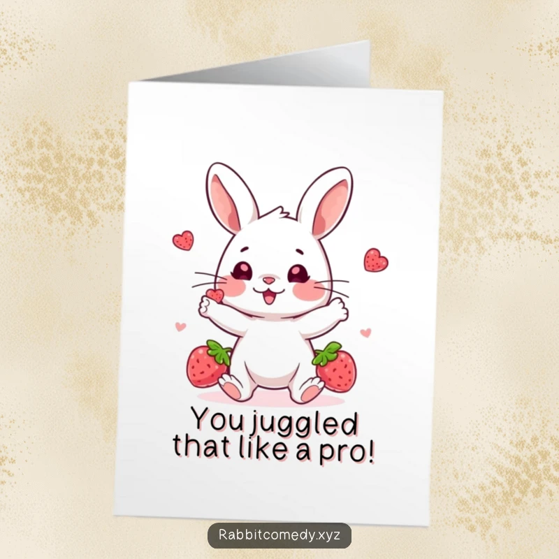 Funny Free Printable Congratulations Card: A playful rabbit happily juggling three bright berries with focus.