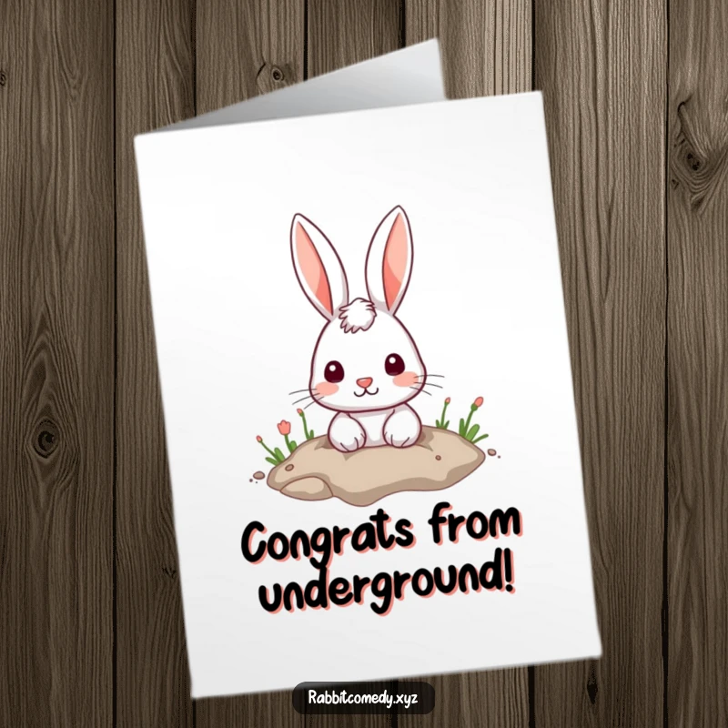 Funny free printable congratulations card showing a cute rabbit peeking curiously from a hole.