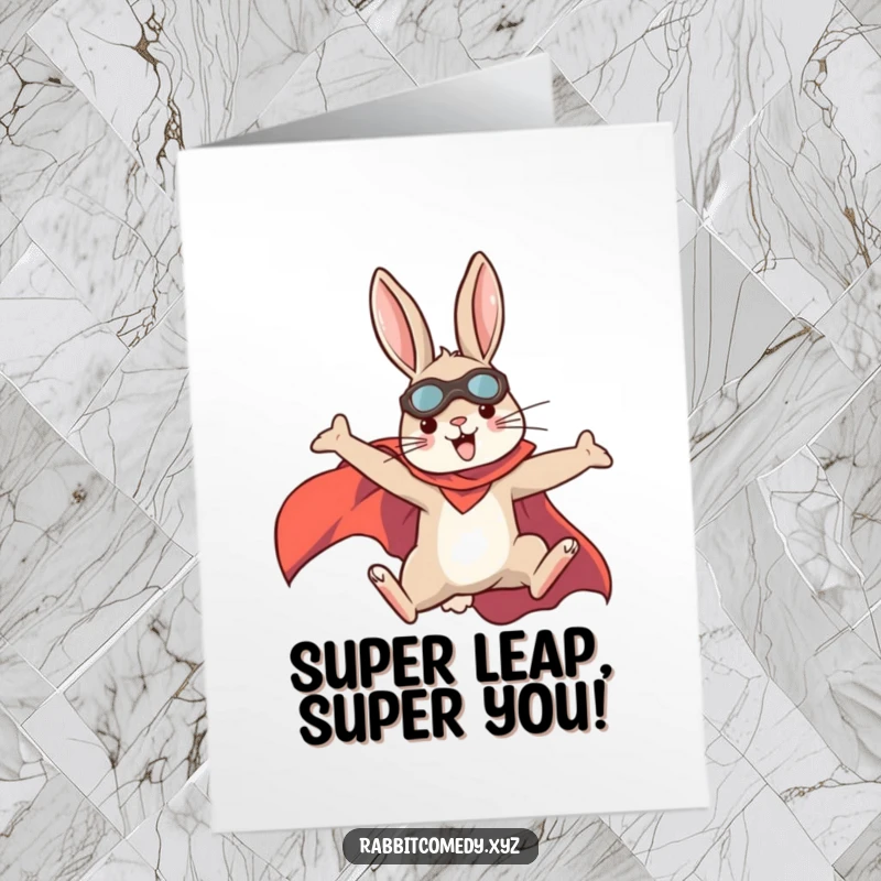Funny Free Printable Congratulations Card: A determined rabbit in a superhero cape leaping high, celebrating a major achievement.
