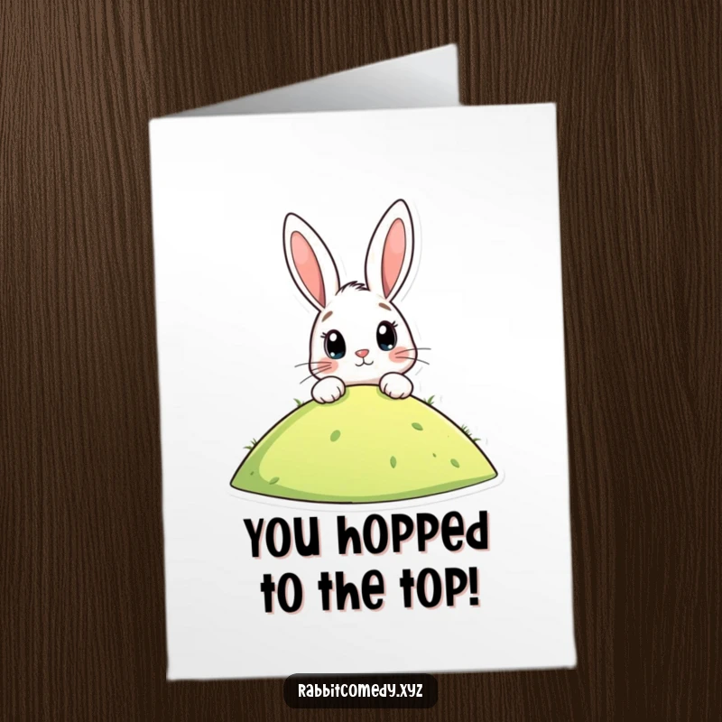 Funny Free Printable Congratulations Card: Stylized rabbit peeking over a hill, eyes wide with excited anticipation for good news.