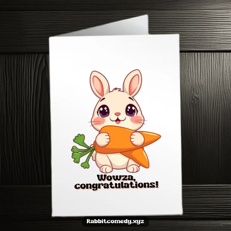 Funny free printable congratulations card depicting a wide-eyed, surprised rabbit holding a comically large carrot.