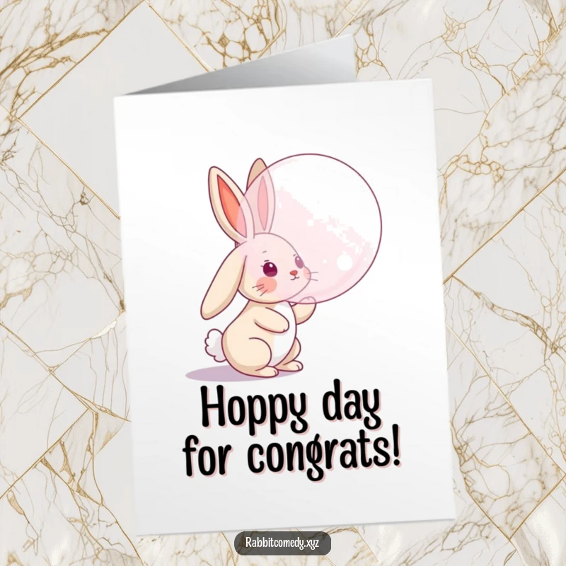 Funny Free Printable Congrats Card: Rabbit character with floppy ears trying to catch a giant bubble, celebrating success, DIY art.