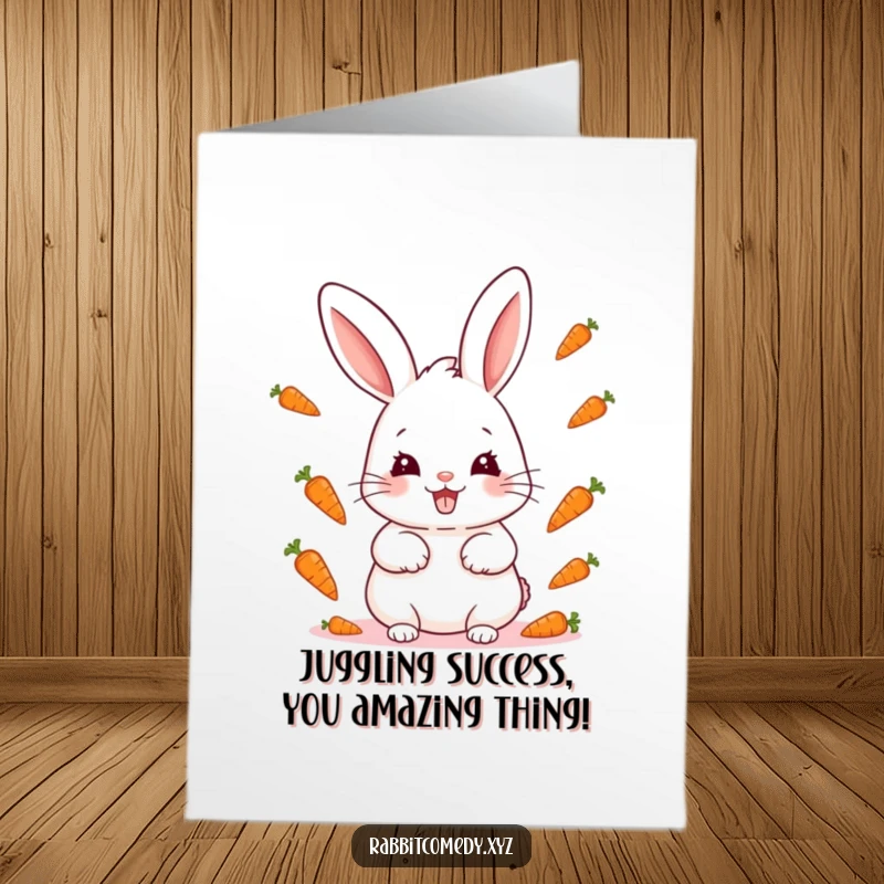 Funny Free Printable Congratulations Card: Cute, grinning kawaii rabbit expertly juggling small carrots, celebrating an accomplishment.