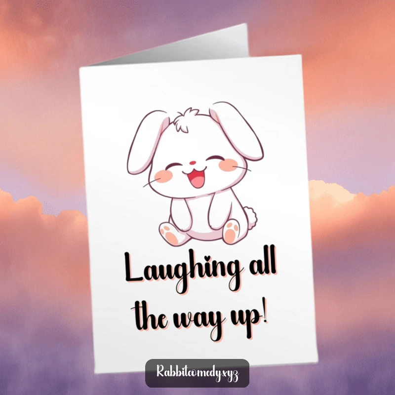 Funny free printable congratulations card: A rabbit giggling with delight, ears flopped over, celebrating wonderful news.