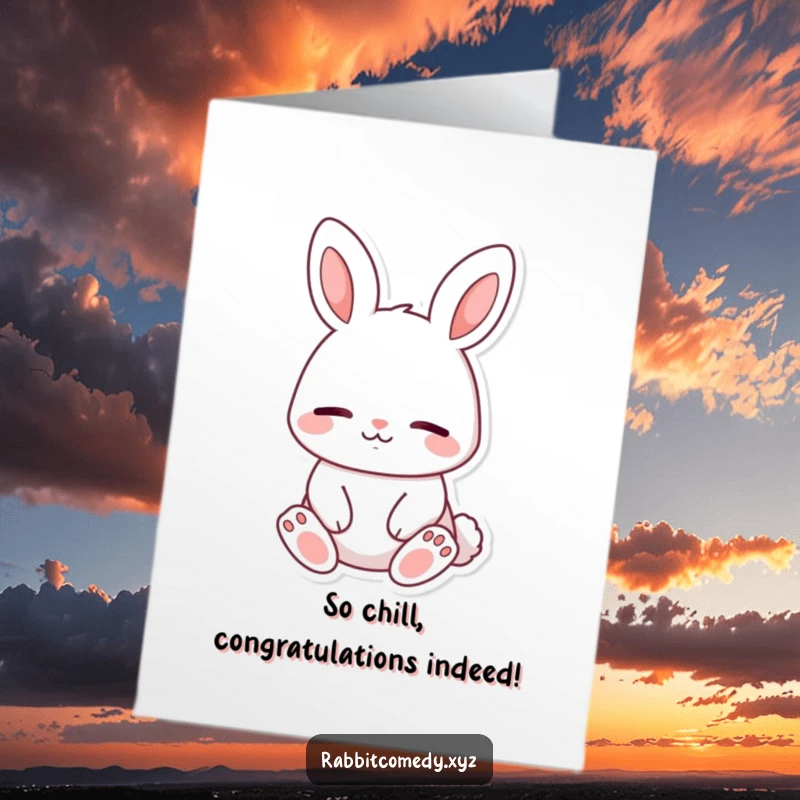 Funny Free Printable Congratulations Card: A content rabbit sitting peacefully, radiating calm with closed eyes and a soft smile.