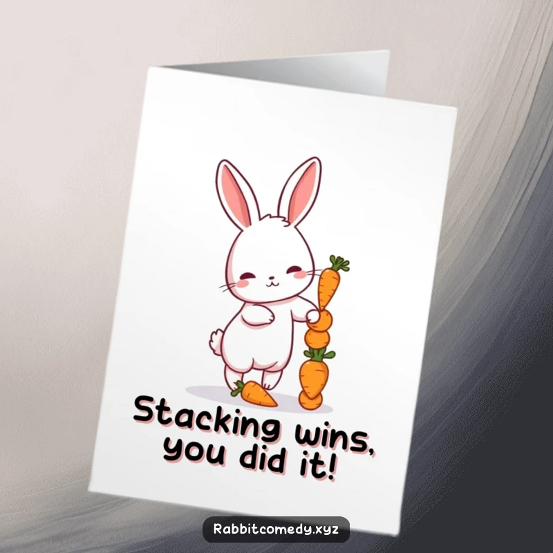 Funny Free Printable Congrats Card: Petite rabbit attempting to balance a wobbly stack of miniature carrots.