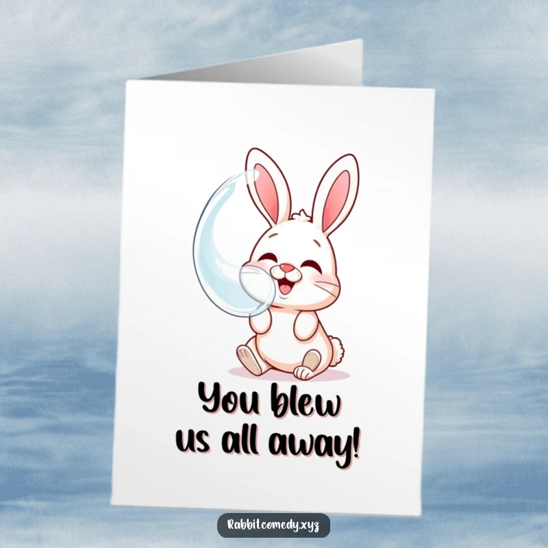 Funny Free Printable Congrats Card: A giggling rabbit blowing a massive bubble that mirrors its happy, grinning face.