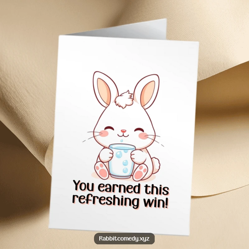 Funny Free Printable Congrats Card: Cute kawaii rabbit smiling, drinking a dewdrop. Peaceful and celebratory downloadable gift.