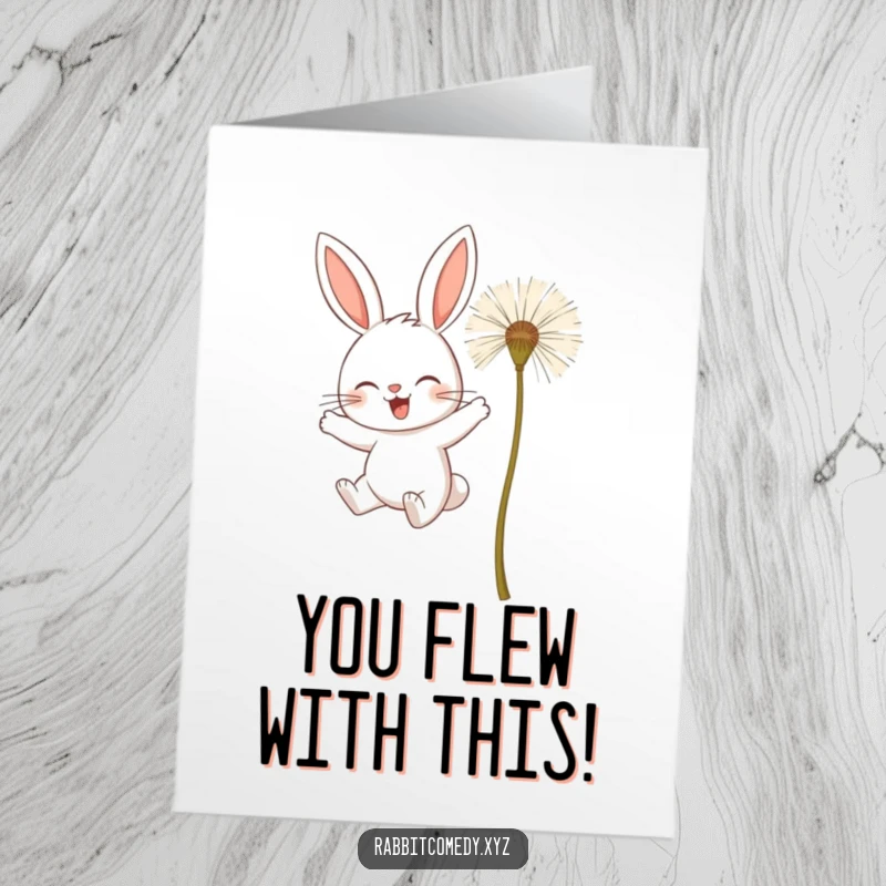 Funny Free Printable Congratulations Card: Determined rabbit soaring with giant dandelion seeds, a comical flight of fancy.
