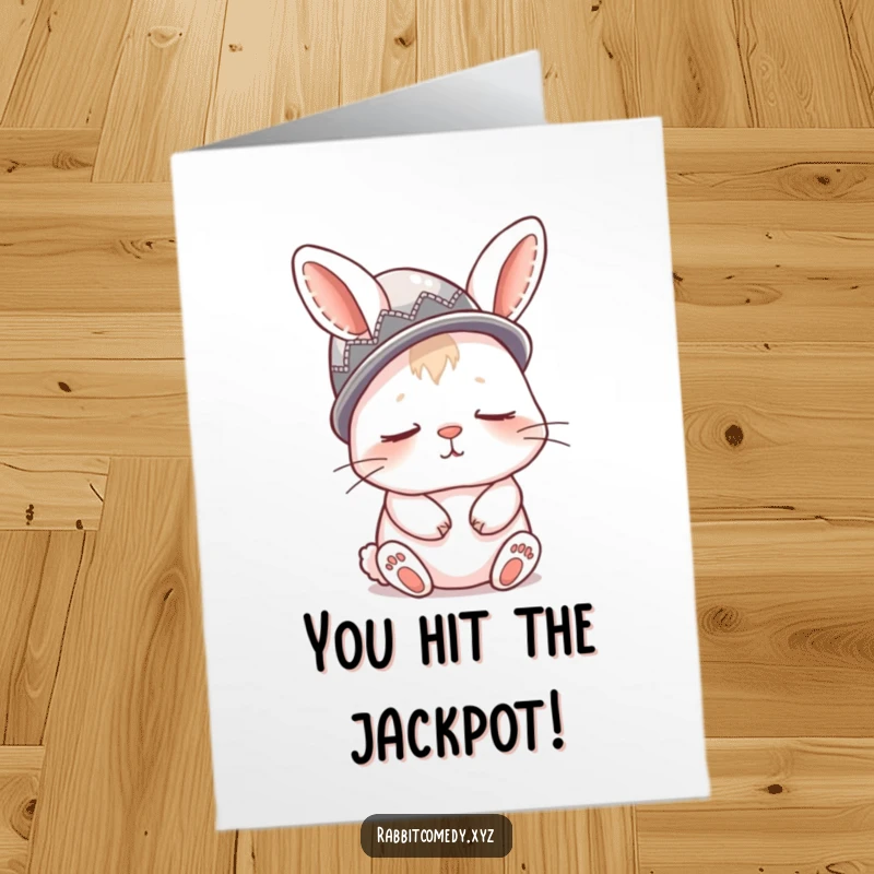 Funny Free Printable Congrats Card: Sleepy rabbit adorably wearing a thimble on its head like a hat.