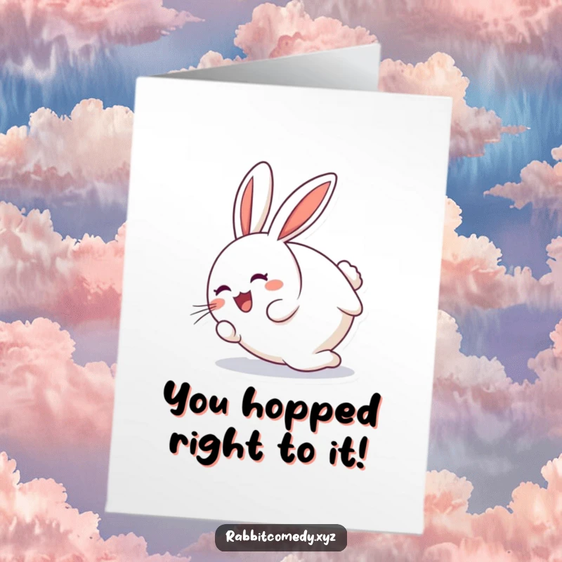 Funny Free Printable Congratulations Card: A round rabbit barrels forward in a joyful, tumbling motion.