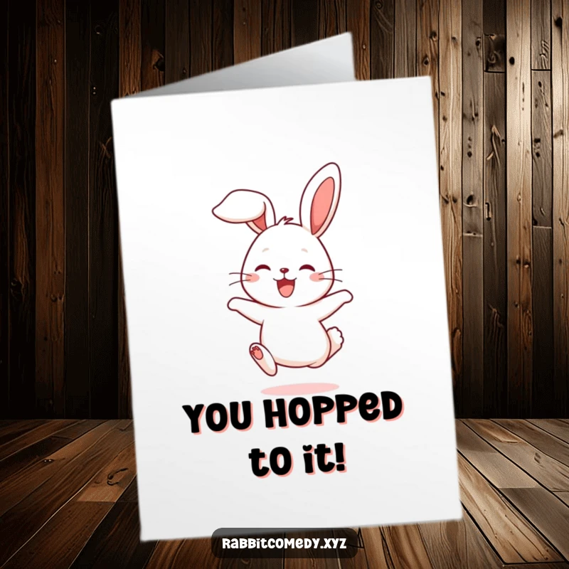 Funny Free Printable Congrats Card: A cute rabbit joyfully hops with floppy ears, celebrating a momentous achievement.