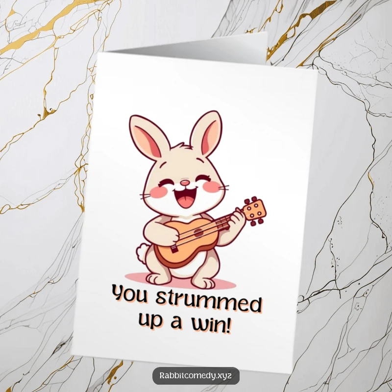Funny Free Printable Congrats Card: A happy rabbit playing a tiny ukulele with a huge, beaming smile, celebrating achievements.