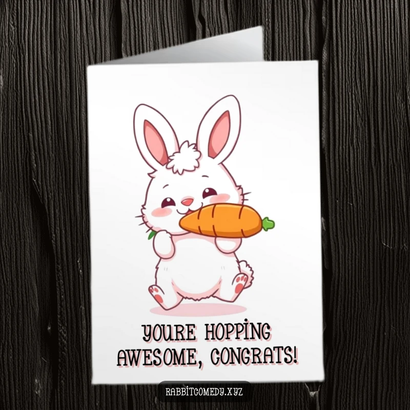 Funny Free Printable Congratulations Card: Fluffy Rabbit Balancing an Enormous Carrot on its Nose