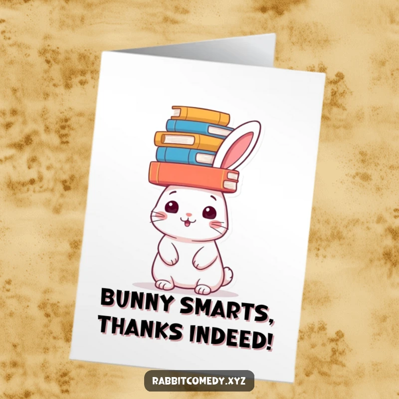 Funny Free Printable Thank You Card: A cheerful rabbit balancing a stack of books on its head, expressing thanks.