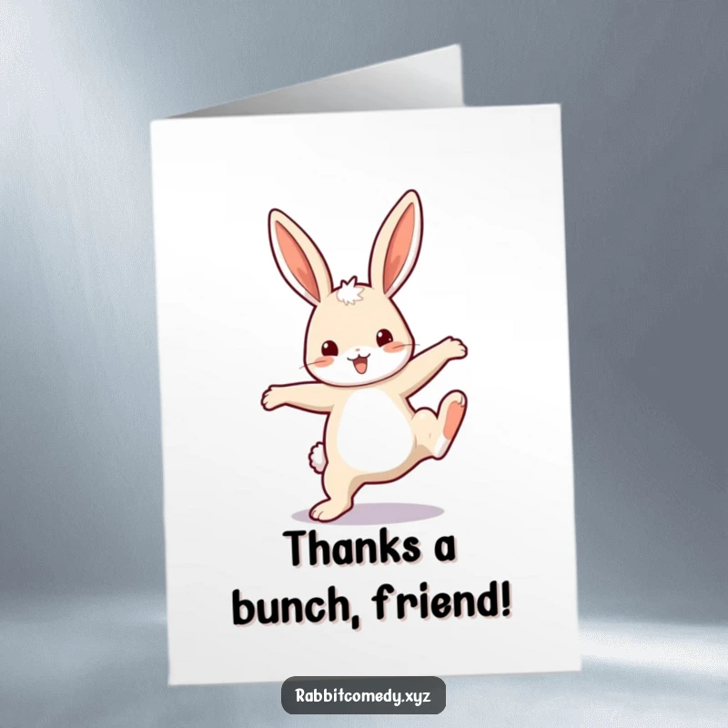 Funny free printable thank you card featuring a jubilant rabbit in mid-cartwheel, exuding thanks and fun.