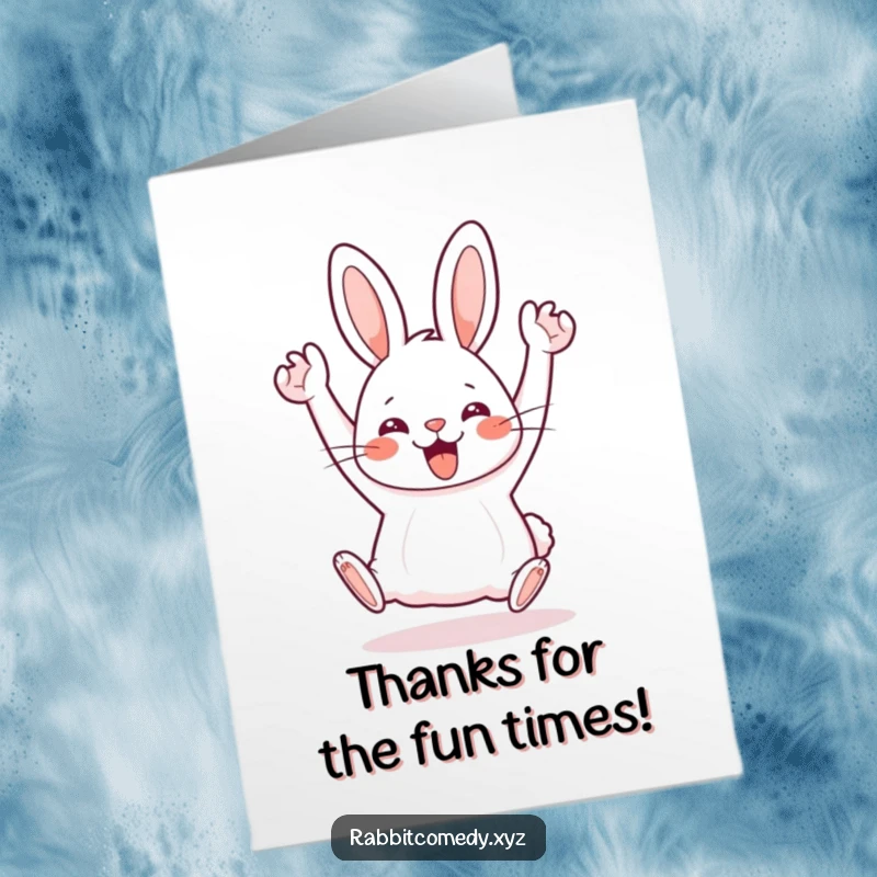 Funny Free Printable Thank You Card: A joyful kawaii rabbit doing a silly hop with arms in the air, sending thanks.