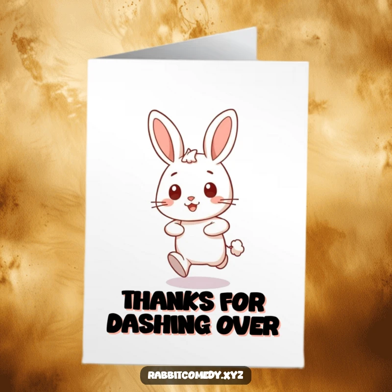 Funny Free Printable Thank You Card: A happy rabbit character is depicted dashing forward, leaving a dust trail.