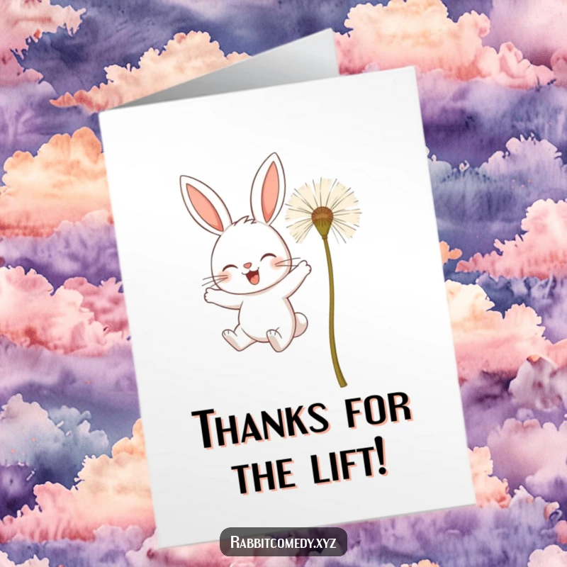 Funny Free Printable Thank You Card: A rabbit determined to fly using large dandelion seeds, humorous gratitude.