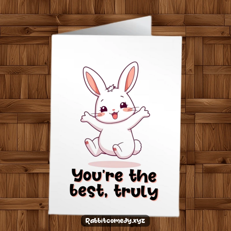 Funny Free Printable Thank You Card: A happy rabbit mid-cartwheel, showing extreme gratitude with a smile.