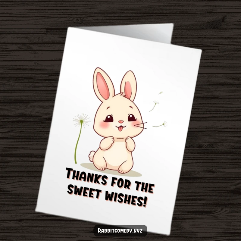Funny Free Printable Thank You Card: Kawaii rabbit giggling, blowing dandelion seeds in gratitude. Sweet downloadable gift.