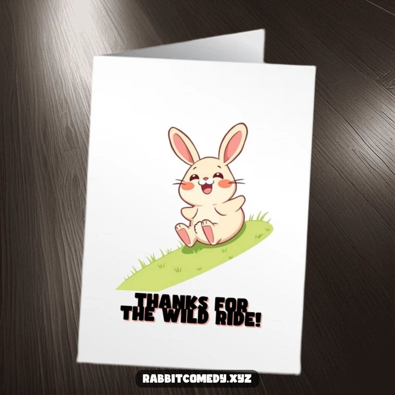 Funny Free Printable Thank You Card: Giggling rabbit joyfully rolling down a hill, a surprise thank you.