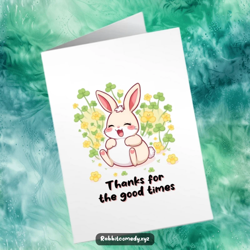 Free Printable Thank You Card: a giggling rabbit rolling in clover, spreading pure happiness and thanks.