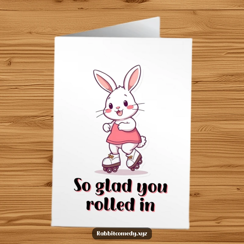 Funny Free Printable Thank You Card: A rabbit on roller skates gracefully circling, expressing thanks with a smile and speed.
