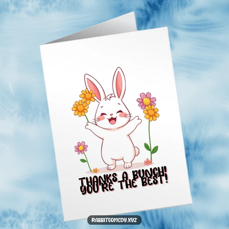 Funny Free Printable Thank You Card: A happy rabbit juggling three colorful wildflowers, sending thanks with a giggle.
