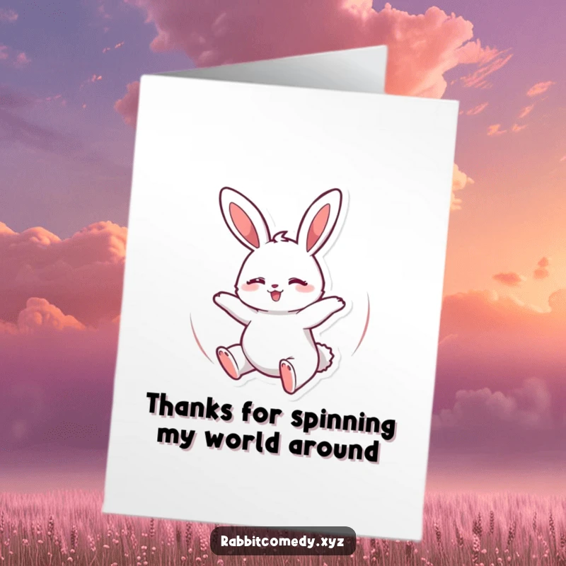 Funny Free Printable Thank You Card: A giddy rabbit spins in circles, conveying heartfelt thanks with infectious happiness.