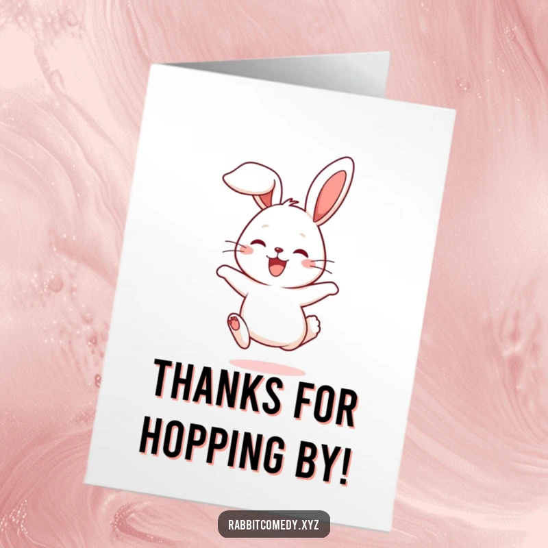 Funny Free Printable Thank You Card: A cute rabbit character hops with ears flopping, conveying joyful thanks and appreciation.