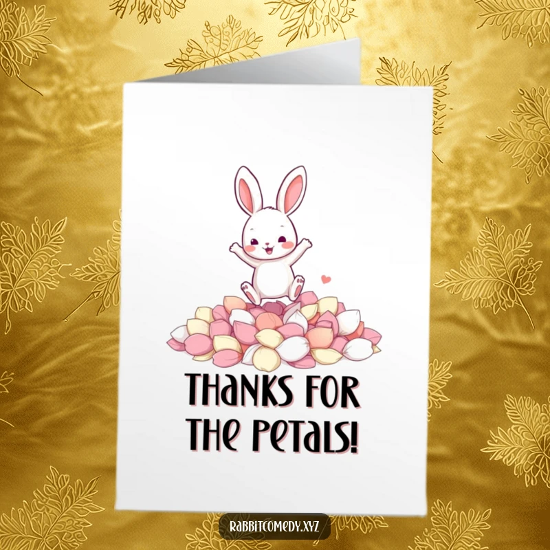 Funny Free Printable Thank You Card: Rabbit jumping into a soft pile of colorful flower petals, joyful thanks.