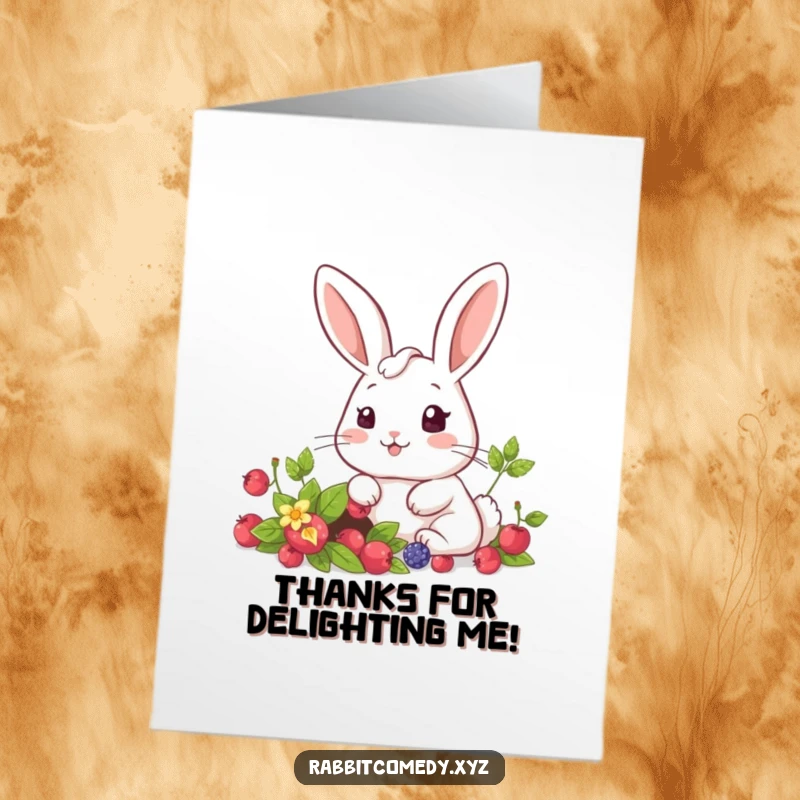 Funny Free Printable Thank You Card: Kawaii rabbit eyes wide with wonder at a plentiful hidden patch of juicy berries.