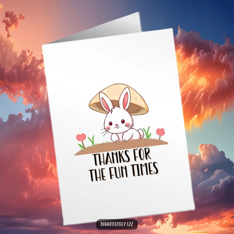 Free Printable Thank You Card: a curious rabbit with twitching whiskers peeking from under a mushroom, offering thanks.