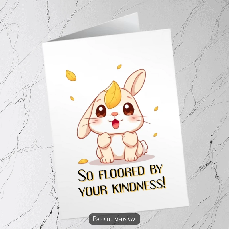 Funny Free Printable Thank You Card: Kawaii rabbit surprised by a falling leaf, eyes wide open, a comical thank you.
