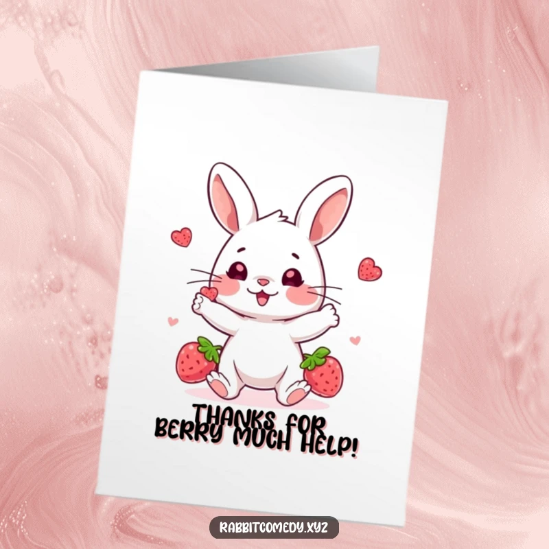 Funny Free Printable Thank You Card: A joyful rabbit juggling three colorful berries with a focused, happy expression.