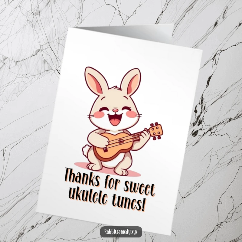 Funny Free Printable Thank You Card: A happy rabbit character playing a small ukulele with a wide, genuine smile.