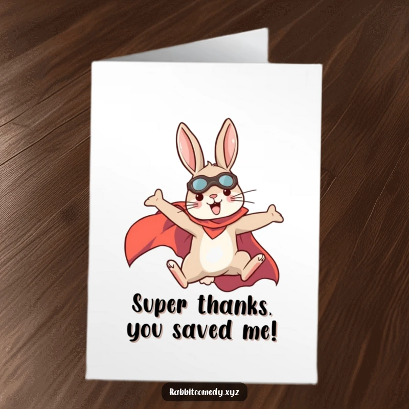 Funny Free Printable Thank You Card: A determined rabbit in a superhero cape leaping high, expressing immense thanks.