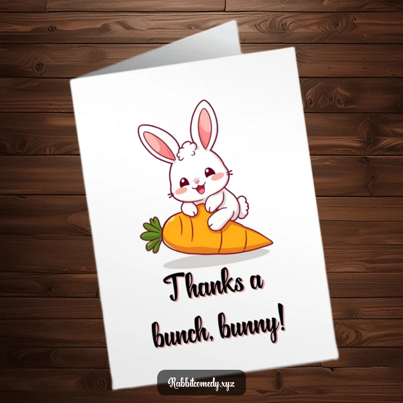 Funny Free Printable Thank You Card featuring a fluffy kawaii rabbit joyfully hopping over a giant carrot, conveying sweet thanks.